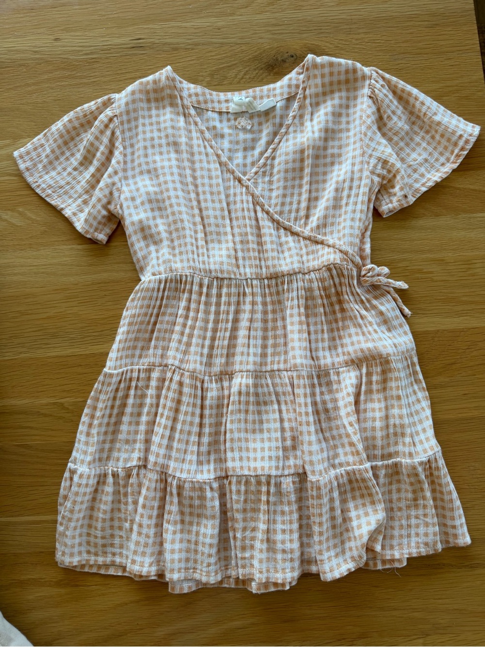 Roxy Peach Gingham Wrap Tiered Dress